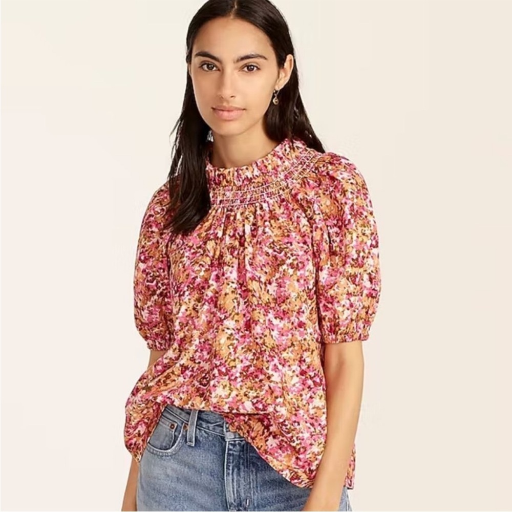 J Crew Smocked high Neck Puff Sleeve Pink Print Blouse‎ BB263 XS